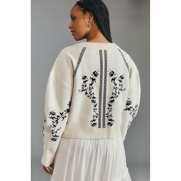 NWT Anthropologie Puff-Sleeve Cardigan Sweater Ivory Black Floral XS $148 Crop - Picture 2 of 9